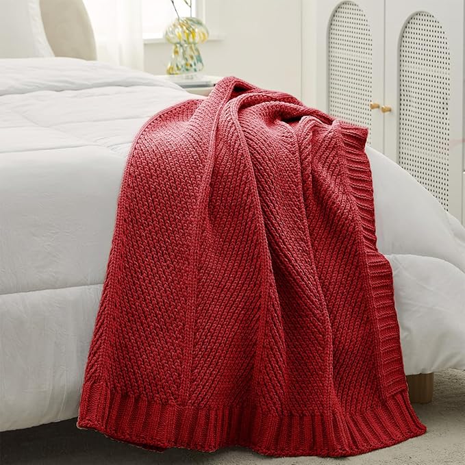 Amélie Home Chenille Knit Throw Blanket for Couch, Chevron Texture Decorative Soft Blanket for Sofa, Bed & Chair, 50"x60", Red-Ruum Studio Home