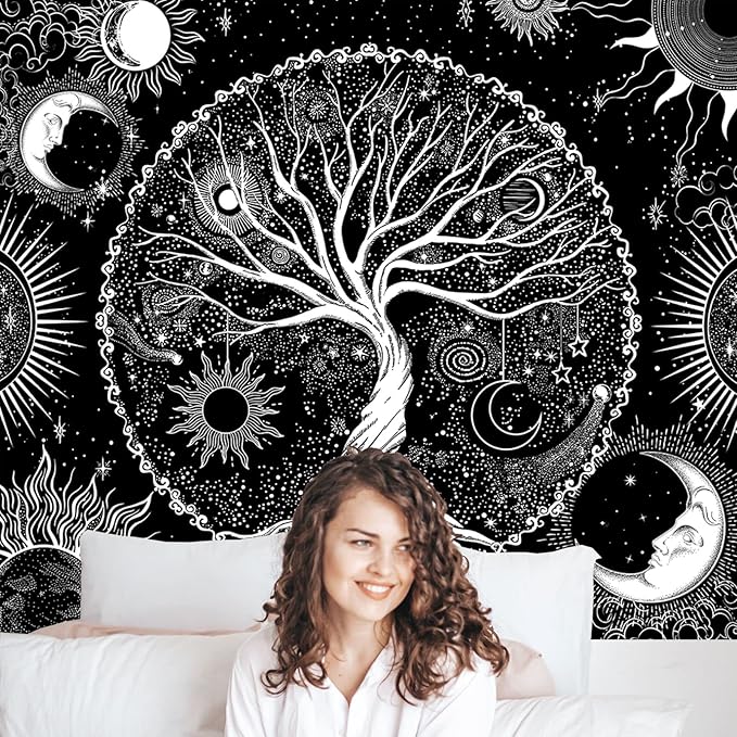 AACKart Tree of Life Tapestry for Bedroom Aesthetic Room Decor-Black and White Spiritual Tree Tapestry Wall Hanging with Sun Moon Star 59.1 x 51.2 inches-Ruum Studio Home
