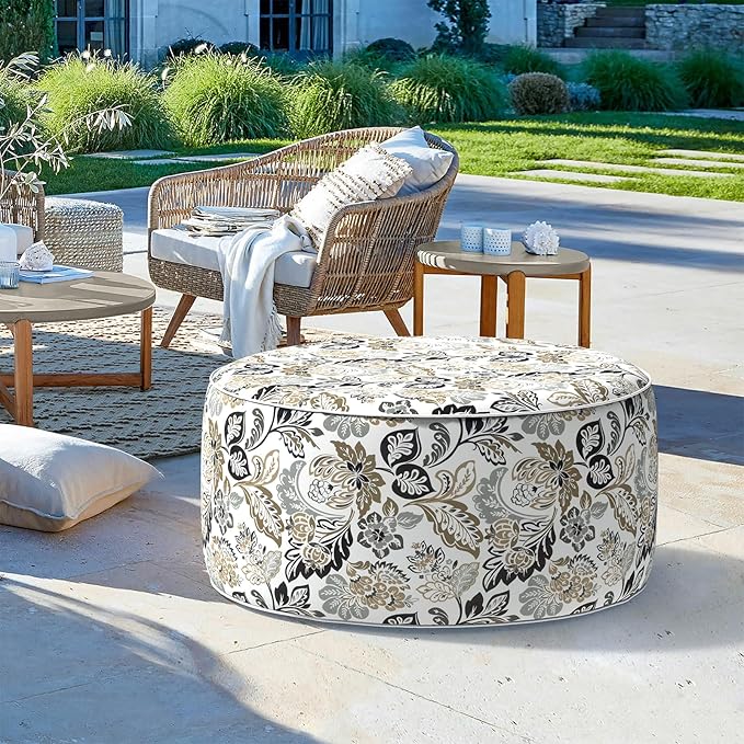 LVTXIII Outdoor Inflatable Ottoman, Fade-Resistant Round Footrest Stool D31”x H14”, Portable Patio Pouf for Garden Camping or Home Use, Dailey Tan-Ruum Studio Home