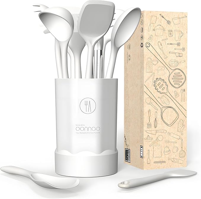 Thickened Silicone Kitchen Utensils Set, 600°F Heat Resistant Silicone Cooking Utensils, Spatula, Spoon, Whisk, Tongs, Kitchen Gadgets for Nonstick Cookware, Dishwasher Safe BPA Free (Cream White)-Ruum Studio Home