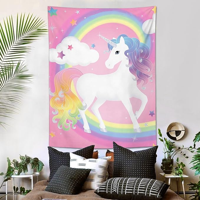 yowecso Unicorn Tapestry Rainbow Wall Hanging for Bedroom, Pink Unicorn Tapestries Aesthetic Wall Decor for Home, Dorm, Living Room - 60"x90"-Ruum Studio Home