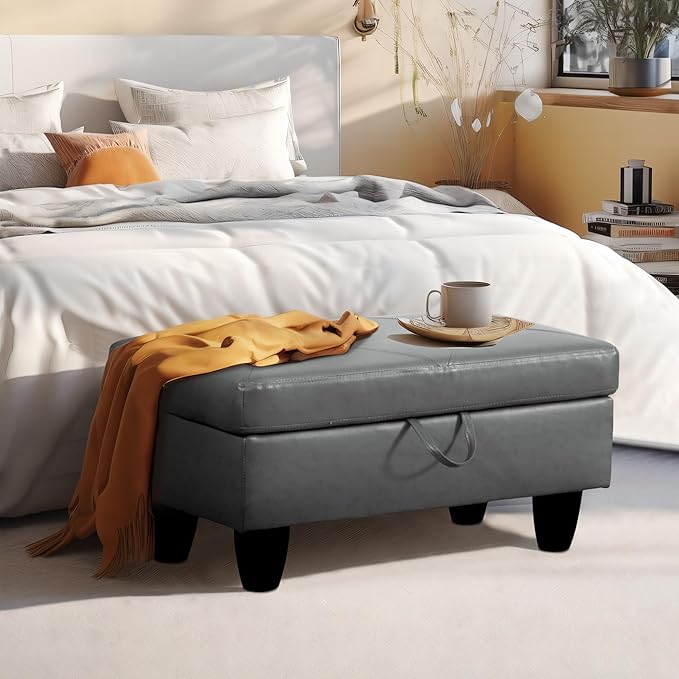 Ottoman Rectangular Storage Ottoman Bench, Faux Leather Footrest, Coffee Table, Stool Footstool with Hinged Lid for Living Room, Bedroom, Entryway, Gray, 28.5"x19"x17.5"-Ruum Studio Home