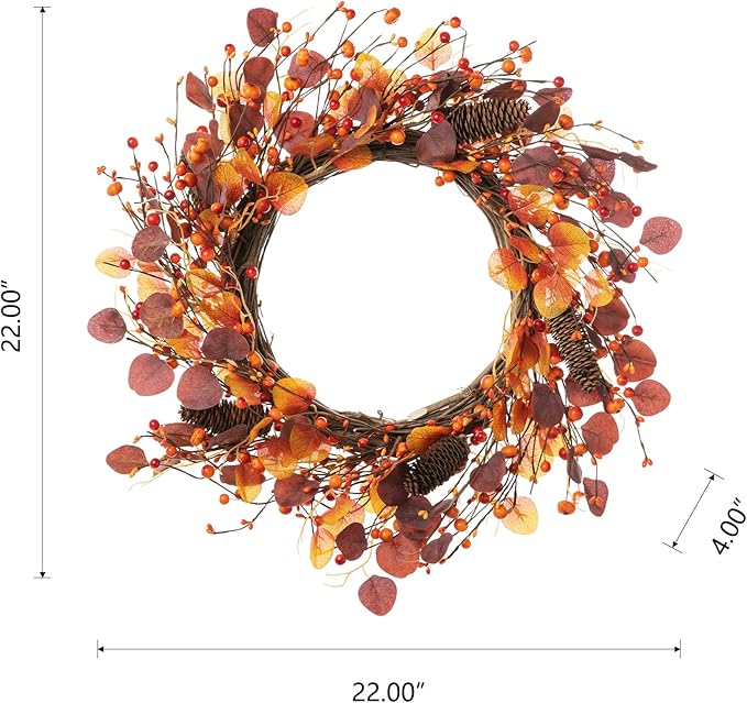 Glitzhome 22" D Fall Eucalyptus Berry Wreath, Artificial Wreaths Rustic Hanging Ornaments for Fall Front Door Wall Decor-Ruum Studio Home