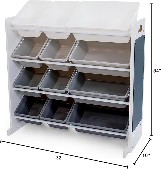 12-Bin Toy Organizer – White/Grey Gradient Ombre Frame with Chalkboard, Eraser & Chalk, Multi-Tier Storage for Kids' Playrooms and Nurseries-Ruum Studio Home