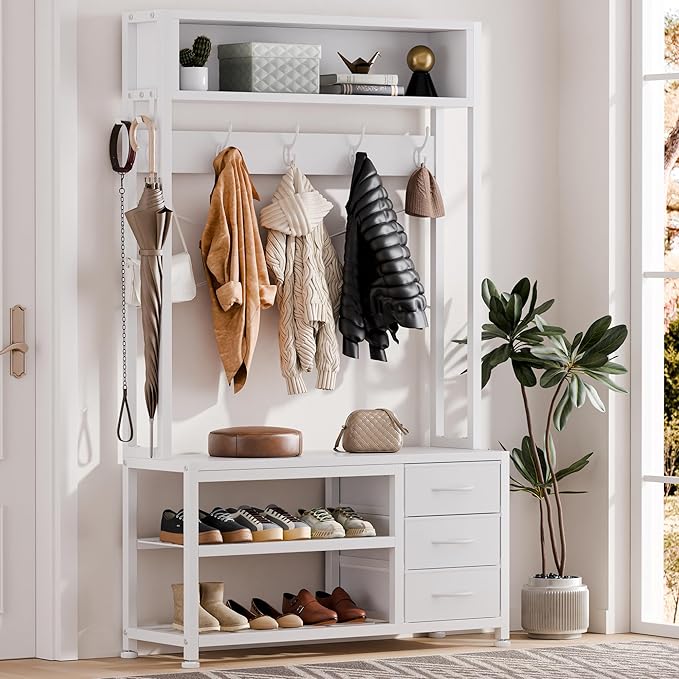 Lulive Hall Tree with Bench and Shoe Storage, 31.5" Coat Rack Freestanding with 2-Tier Storage Shelf, 5-in-1 Entryway Bench Coat Rack with 12 Hooks and 3 Drawers(White)-Ruum Studio Home