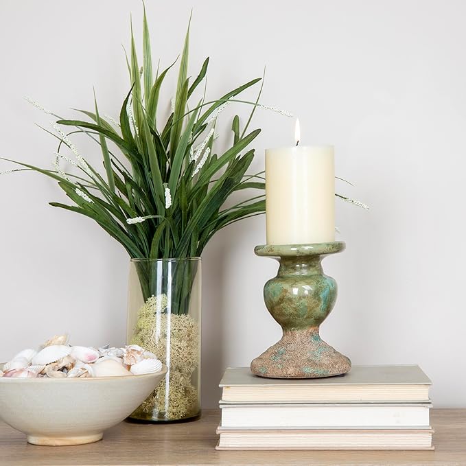 Creative Co-Op 2-Tone Sculptural Terracotta Pillar Candle Holder, Distressed Green-Ruum Studio Home