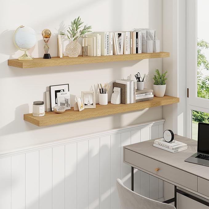 Fun Memories 55 Inch Fireplace Mantel Shelf -Long Floating Shelves, Deep Wall Mounted Farmhouse Display Shelves with Invisible Heavy Duty Metal Bracket, Oak, 2 Pack-Ruum Studio Home
