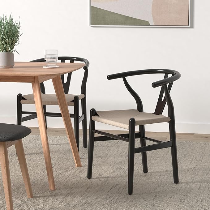 POLY & BARK Weave Dining Chairs – Mid-Century Modern Wishbone Dining Chairs with Arms, Solid Wood Frame, Indoor Use – Black – Set of 2 - Ideal for Dining Room, Kitchen or Stylish Accent Setting-Ruum Studio Home