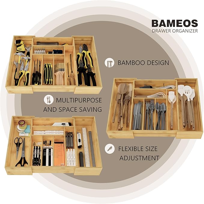 BAMEOS 3.9inch Tall Bamboo Drawer Organizer, Expandable Utensil Holder with 8 Compartments, Adjustable Kitchen Drawer Divider for Flatware, Silverware and Gadgets, Deep Storage for Home and Office-Ruum Studio Home