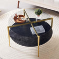 Round Coffee Table for Living Room, Mid-Century Modern Design, D30 x H17, 2-Tier Structure, Grey Glass Top and Black Marble Finish Wood Shelf, Sleek Conical Metal Legs with Gold Finish Frame-Ruum Studio Home