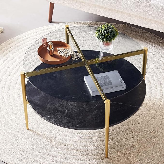 Round Coffee Table for Living Room, Mid-Century Modern Design, D30 x H17, 2-Tier Structure, Grey Glass Top and Black Marble Finish Wood Shelf, Sleek Conical Metal Legs with Gold Finish Frame-Ruum Studio Home