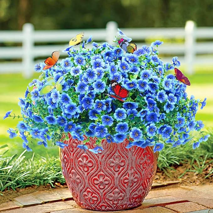 ‌20 Bundles Artificial Flowers for Outdoors‌ with 6 Faux Butterflies, UV Resistant ‌Fake Flowers‌ with Eucalyptus Leaves, ‌Artificial Plants Outdoor‌ for Patio Garden Porch Home Decor (Blue)-Ruum Studio Home