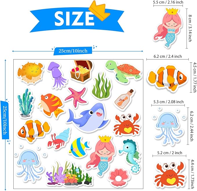 Sea Animals Gel Clings for Kids, 21PCS Thick Vinyl Decals, Cartoon Animal Stickers for Classroom, Home, Nursery, Airplane Birthday Party Supplies, Reusable, Water Resistant, Indoor Usage-Ruum Studio Home