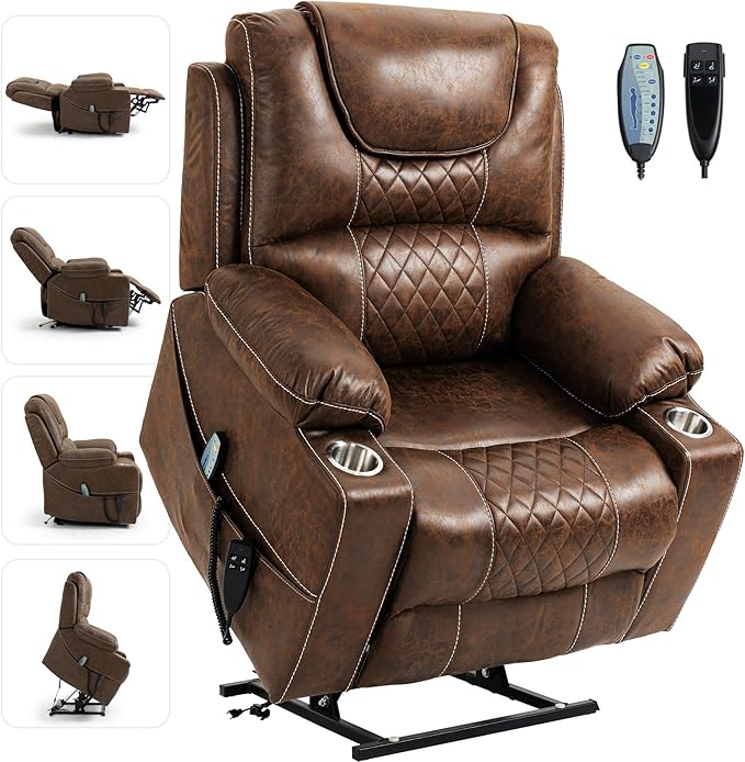 Large Power Lift Chairs Recliners for Elderly with Heated and Massage, Upgraded Dual Motor Lay Flat Recliners, 25in Extra Wide Seat, Cup Holder, Side Pocket…, Brown/Breathing Leather-Ruum Studio Home