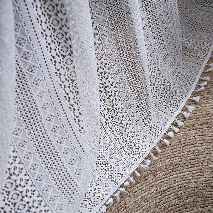 Sutuo Home White Crochet Boho Curtains 63 Inches Length, Sheer Lace Handmade Tassels Knitted Window Treatment Vintage Rustic Bohemian Farmhouse Drape for Bedroom Rod Pocket 1 Panel 59" W x 63" L-Ruum Studio Home