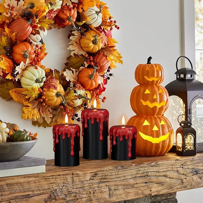 Wondise Halloween Flameless Candles with 6H Timer, Battery Operated Dripping Real Wax Black LED Pillar Candles 3D Wick Flickering Spooky Halloween Indoor Decoration (3 Pack, 3 x 4,5,6 Inches)-Ruum Studio Home