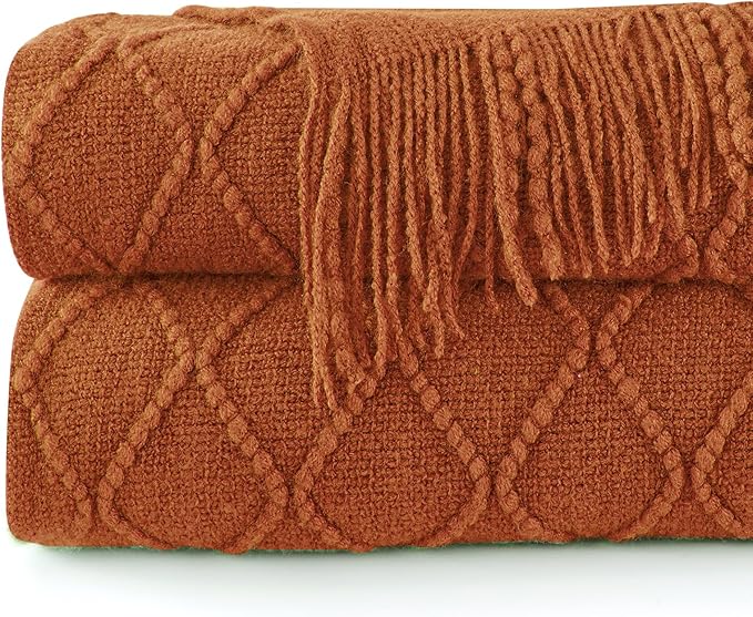 inhand Knitted Throw Blankets for Couch and Bed, Soft Cozy Knit Blanket with Tassel, Orange Rust Lightweight Decorative Blankets and Throws, Farmhouse Warm Woven Blanket for Men and Women, 60"x80"-Ruum Studio Home