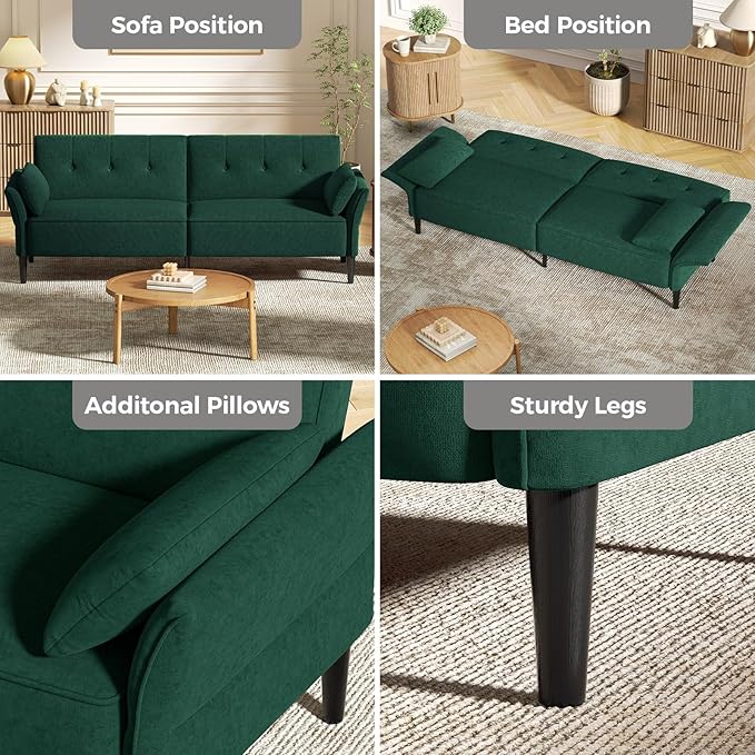 89” Futon Sofa Bed, Velvet Fabric Comfy Futon Couch Bed with 2 Square Pillows, Convertible Sleeper Sofa with Adjustable Backrest& Armrests, Modern Loveseat Sleeper for Living Room, Bedroom-Ruum Studio Home