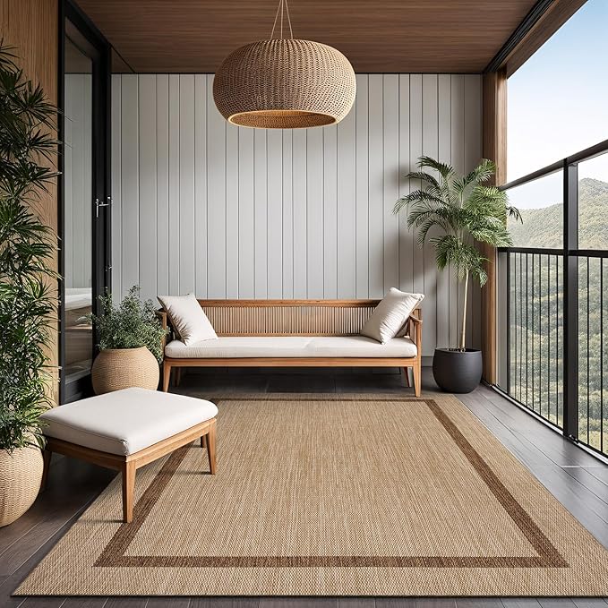 Bordered Outdoor Rug 10x14 Washable Outside Carpet for Indoor Patio Porch Waterproof Easy Cleaning Non Shedding Area Rugs Jute Beige - Nut Brown 10 x 14-Ruum Studio Home
