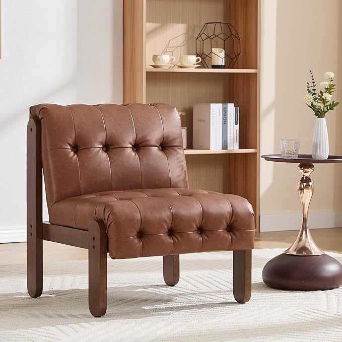 Modern Armless Accent Chair for Living Room, Brown PU Leather Button Tufted Upholstered Lounge Reading Chair with Walnut Wood Frame-Ruum Studio Home