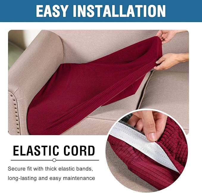 H.VERSAILTEX Super Stretch Individual Seat Cushion Covers - Sofa & Couch Cushion Slipcover Sets - Thick Jacquard Textured Twill Fabric (3 Piece XL Sofa Cushion Covers, Burgundy Red)-Ruum Studio Home
