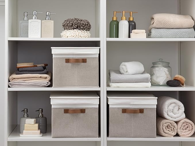 StorageWorks Storage Bins with Lids, Decorative Storage Boxes with Lid and PU Handles, Foldable Storage Baskets for Closet, Shelves, Stackable, Brown and White, Jumbo, 3-Pack-Ruum Studio Home