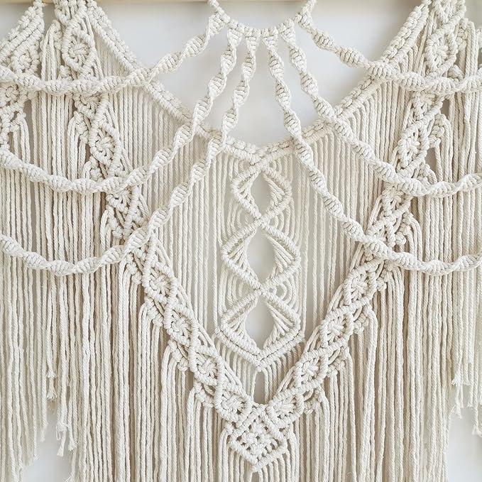 large macrame wall hanging - Boho Tapestry Macrame Wall Decor Art- Chic Bohemian Handmade Woven Tapestry Home Decoration for Bedroom Living Room Apartment Wedding Party - 43"x32" (Beige-fringe)-Ruum Studio Home