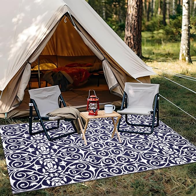 OLANLY Outdoor Rug Waterproof 5x8 ft Clearance, Reversible Outdoor Plastic Straw Rug with Floral Pattern, RV Mat for Patio, Camping, Balcony, Deck, Backyard, Navy & White-Ruum Studio Home