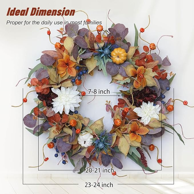 Fall Wreaths for Front Door Outside 24 Inch Autumn Wreath with Pumpkins, Silk Leaves & Purple Flowers Autumn Wreaths for Front Door, Halloween Wreath Decoration, Thanksgiving Decor-Ruum Studio Home