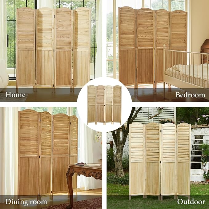 Room Partitions and Dividers, 68.9 Inch Temporary Wall with Double Hinges, Wooden Louver & MDF Stable Screens for Home Office Bedroom Coffeehouse Decoration (4 Panels, Wood Color)-Ruum Studio Home