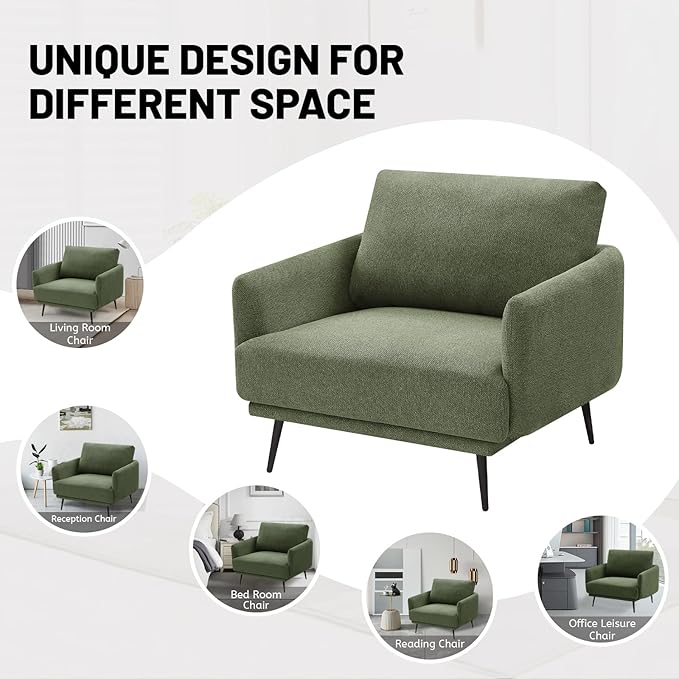 Oversized Accent Chair for Living Room Chairs Reading Arm Chair Comfy Modern Single Sofa Side Chairs with Metal Legs & Soft Cushion for Bedroom, Balcony,Waiting Room (Polyester, Moss Green)-Ruum Studio Home