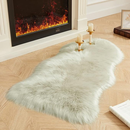 AMTOVO Faux Fur Rug, Light Grey Area Rug, Fluffy Sheepskin Rug, Fuzzy Ultra Soft 2 x 4 ft Shag Rugs for Bedroom Sofa Throw Cushion Room Decor, Sheepskin-Ruum Studio Home