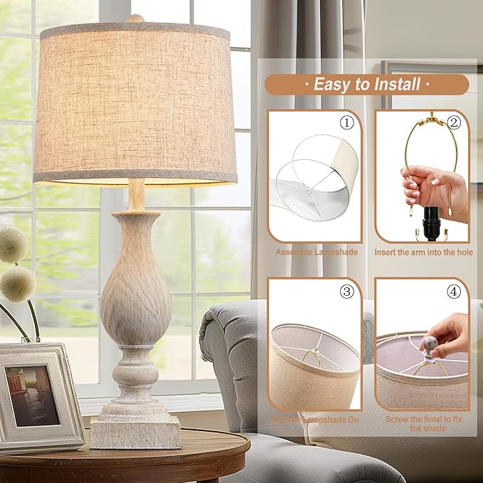 28'' Tall Farmhouse Table Lamps for Living Room, Bedroom Lamps Set of 2 with USB C+A Charging Ports, Rustic Farmhouse Nightstand Lamps for Bedside, Traditional Side Table Lamp with Fabric Shade-Ruum Studio Home