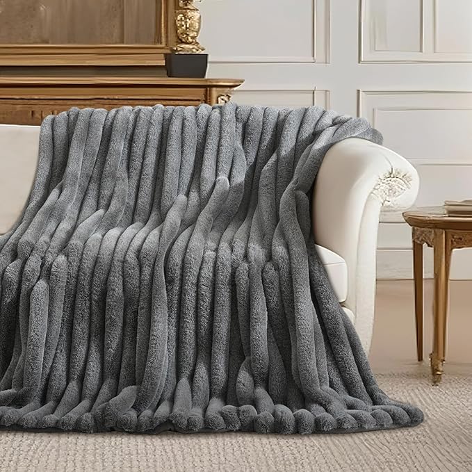 Amélie Home Faux Fur Throw Blanket for Couch, Ultra Cozy Fuzzy Fluffy Fur Luxurious Soft Striped Plush Gift Blankets for Family Sofa Chair Bed Living Room Bedroom, 60"x80", Ionic Wolf Gray-Ruum Studio Home