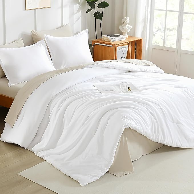 Litanika White Comforter Set Queen Size, 3 Pieces Lightweight Solid Bedding Comforter Set, All Season Fluffy Bed Set (90x90In Comforter & 2 Pillowcases)-Ruum Studio Home