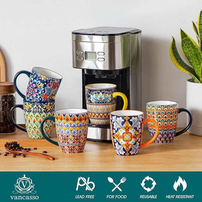 vancasso 16 oz Coffee Mugs Set of 6, Large Ceramic Mug with Handle, Boho Coffee Cups for Latte, Cappuccino & Hot Chocolate, Dishwasher & Microwave Safe Gift Set, Series SIMI-Ruum Studio Home