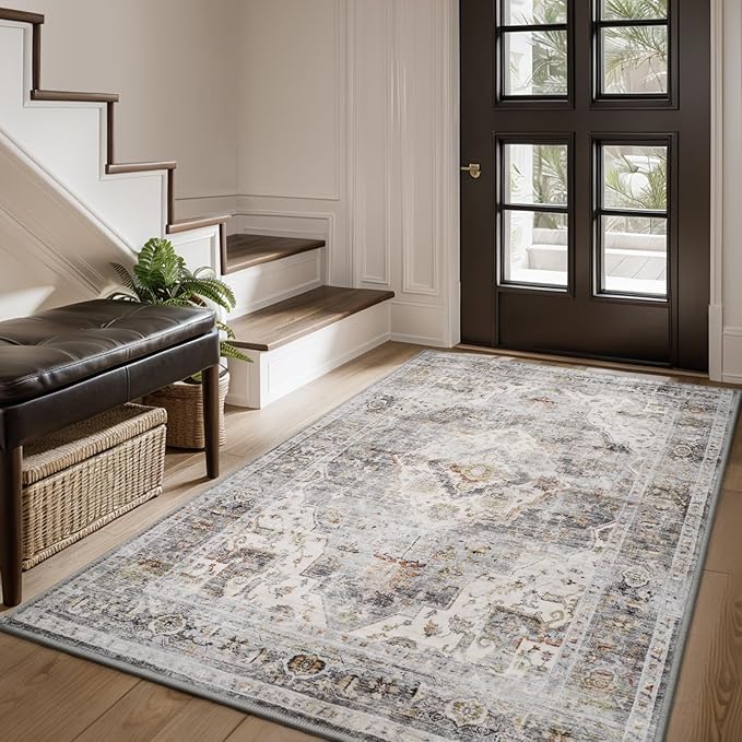 AMOAMI-3X5 Area Rug-Soft Washable Vintage Throw Accent Rugs for Living Room, Entryway, Bedroom, Kitchen, Bathroom, Laundry Room, Kitchen, Bathroom, Bedside, No Slip Grey-Ruum Studio Home