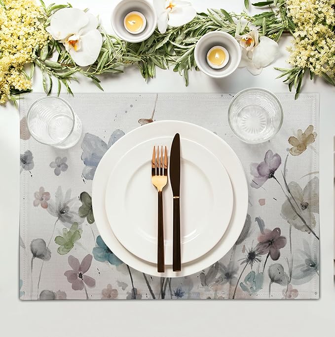 Flower Placemats Set of 4 Brown Cream Grey Poppy Flowers Table Mats Watercolor Rustic Vintage Floral Place Mat Farmhouse Linen Fabric Placemat for Party Kitchen Dining Outdoor Indoor Decor 12x18 Inch-Ruum Studio Home
