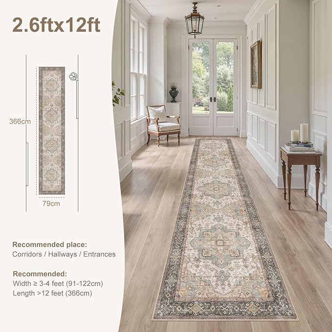 Washable 2.6x12 Runner Rug - Area Rugs Neutral Vintage Distressed Floral Farmhouse Boho Large Soft Floor Rug Indoor Carpet for Hallway Entryway Kitchen Home - Forest Green Orange-Ruum Studio Home