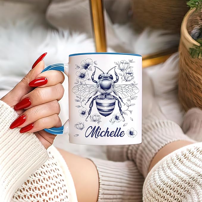 Hyturtle Personalized Floral Bee Mug - Bee Keeper Gifts For Women Lovers Teacher - Honey Gifts For Beekeeper Farmer On Birthday - Queen Honeycomb Decor - Custom Coffee Cup Ceramic Mug 11 Oz 15 Oz-Ruum Studio Home