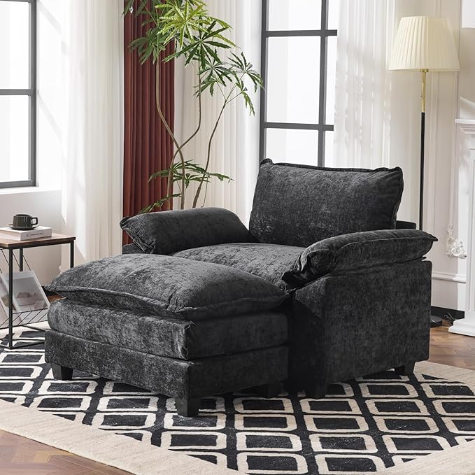 Karl home Oversized Accent Chair Chenille Sofa with Chaise, Modern Sofa Chair with Removable Ottoman Modular 1-Seater Couch and 2-Layer Ottoman for Living Room, Apartment, Studio, Black-Ruum Studio Home