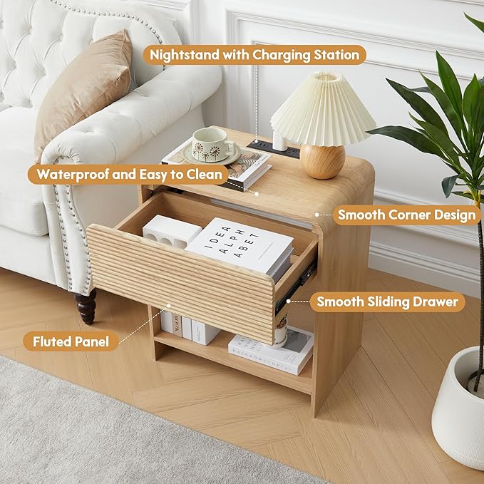 Fluted Nightstand with Charging Station, Mid Century Modern Bed Side Table End Table with Drawer Storage, Large Wooden Night Stands Bedside for Bedroom Living Room Sofa Office, Natural-Ruum Studio Home