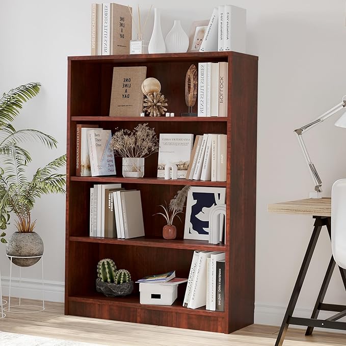 Bookshelf, Open Modern Bookshelf, 4 Shelf Bookcase with Freestanding Display Storage, Wooden Book Shelf for Bedroom, Living Room, Dinning Room, Office, 48 Inch, Brown-Ruum Studio Home