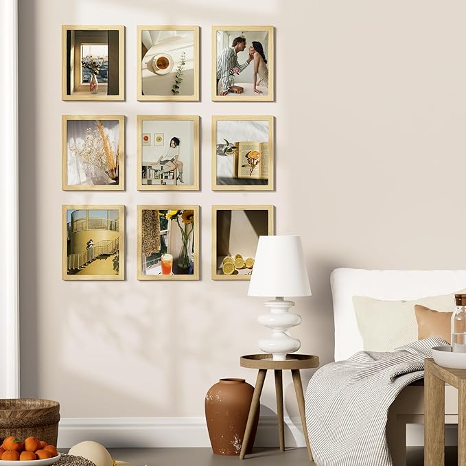 Vittanly 8x10 Picture Frames Set of 9, Shatter Resistant Plexiglass, Display 5x7 Pictures with Mat or 8x10 without Mat, Photo Frames for Wall or Tabletop, Engineered Wood, OAK-Ruum Studio Home