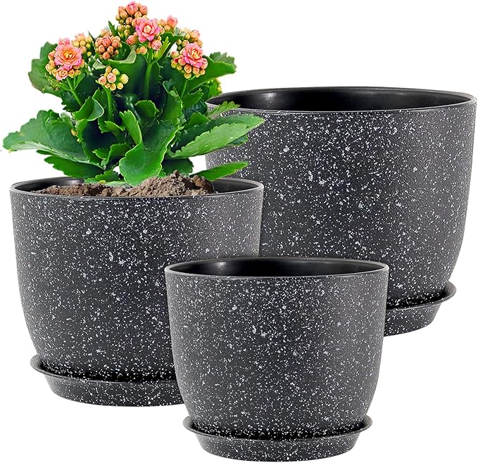 Plant Pots 10/9/8 inch, Set of 3 Modern Decorative Plastic Planters with Drainage Holes and Saucers for Garden House Plants, Flower Pots for Indoor Outdoor Plants, Speckled Black-Ruum Studio Home
