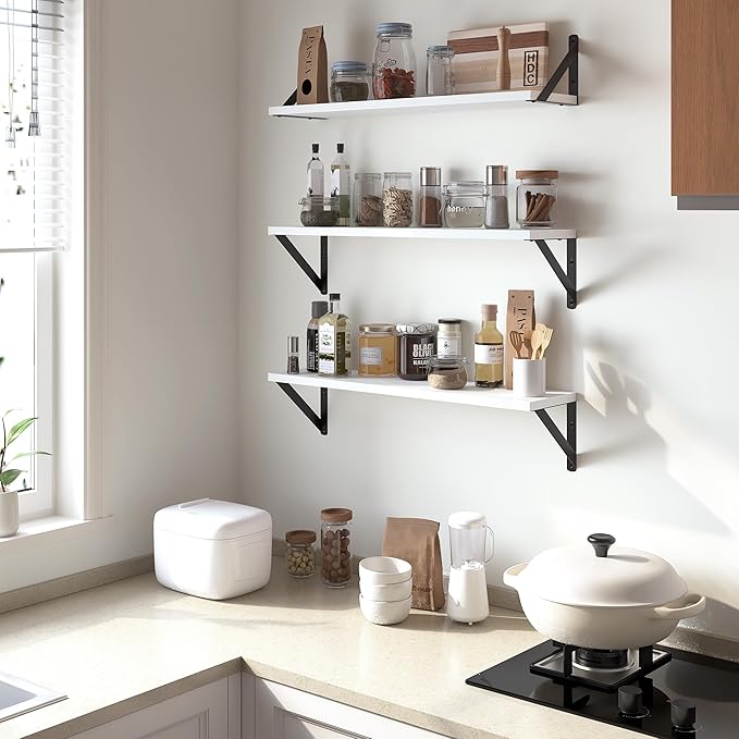 Heimlove Floating Shelves for Wall, 24 Inch Long Wood Floating Shelves Set of 3, Wall Mounted Hanging Shelf for Bathroom Bedroom Kitchen, White-Ruum Studio Home