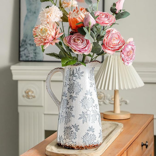 Enra Blue and White vase with Handle,12.2 inch Ceramic Vintage Decorative Flower Pitcher vase, Chinoiserie Floral Vase,Large Rustic Vases for Home Decors, Living Room, Bookshelf, Office-Ruum Studio Home