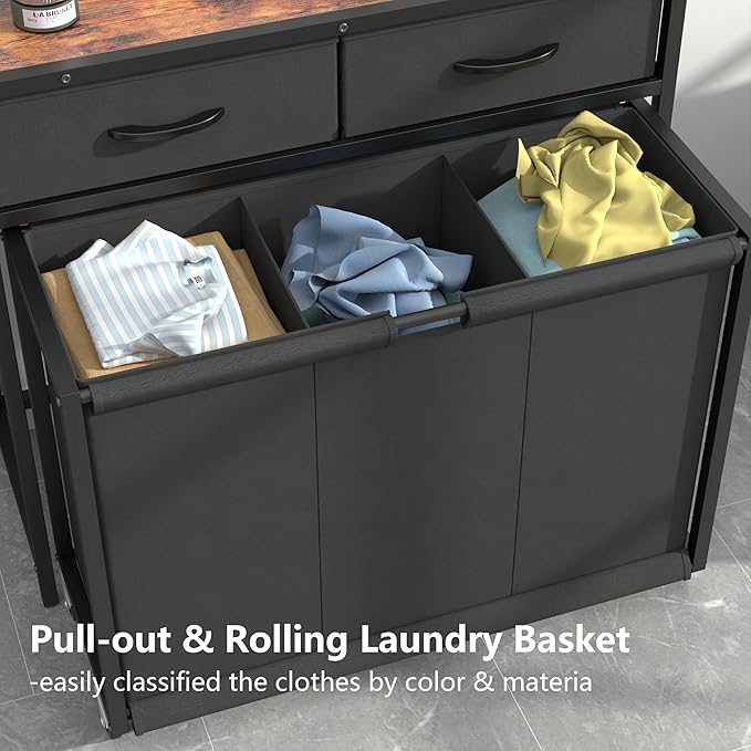 Laundry Hamper Laundry Basket with 3 Section Pull-Out Rolling Bags, Laundry Sorter for Organization and Storage with 2 Pull-Out Drawers for Laundry Room, Bathroom, Bedroom Use (Rustic Brown)-Ruum Studio Home