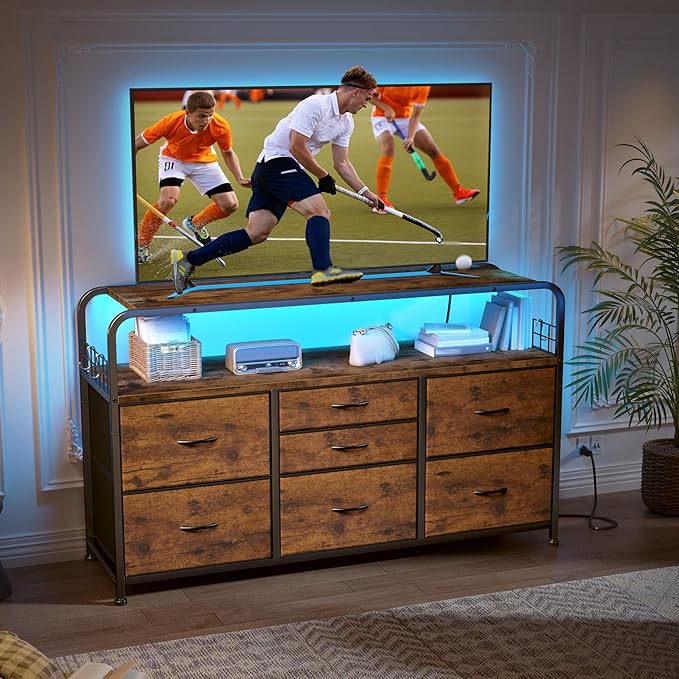 TV Stand for Bedroom with LED Lights & Charging Station, 7 Drawer with Open Shelf, Media Console for Living Room & Chest of Drawers for Closet, Entryway, Hallway, 4 Hooks, Rustic Brown-Ruum Studio Home