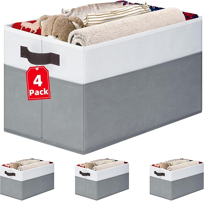 Criusia 4 Pack Large Storage Baskets for Shelves | Fabric Closet Organizers and Storage Bins with Handles Home Organization | Decorative Collapsible Baskets for Organizing Clothes Toy Nursery 14"x10"-Ruum Studio Home